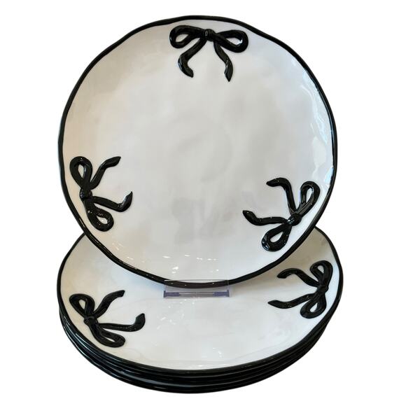 Hand Painted Coquette Black Bow Salad Bowls 6.25in White Ceramic Set of 4 NEW - Picture 15 of 15